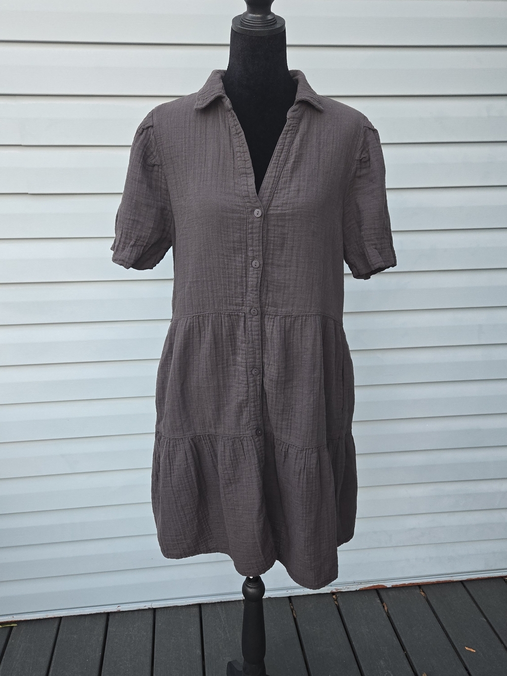 Dylan Charcoal Black Crinkle Cotton Gauze Tiered Shirt Dress S Coastal Grandma